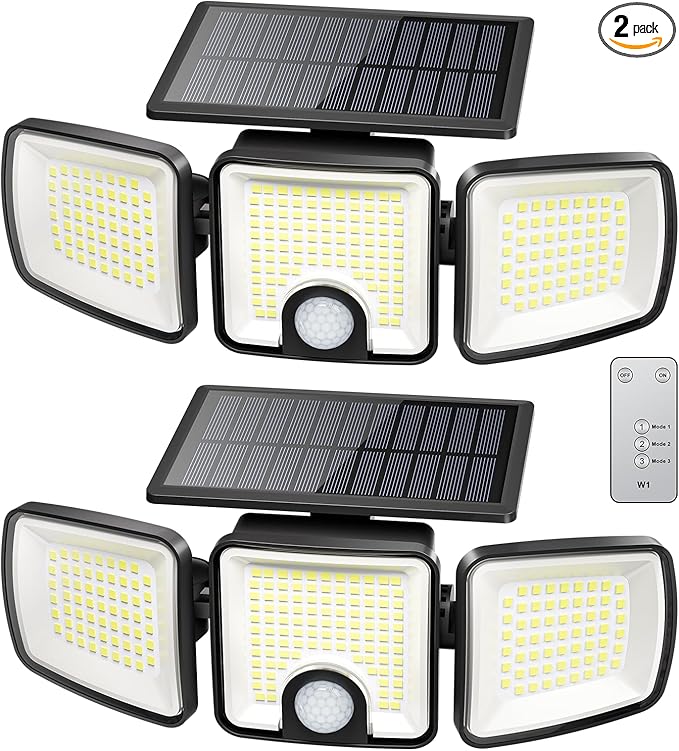 Brightown 2 Pack Solar-Security-Flood-Outdoor-Lights-with-Motion-Sensor, 223 LED 3 Head 270° Angle Street Area Security Lights with Remote, IP65 Waterproof Wall Lights with 3 Modes for Yard Outside