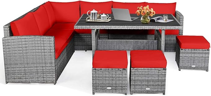 HAPPYGRILL 7 Pieces Rattan Wicker Patio Conversation Set, Outdoor Patio Furniture Set with Cushions, Rattan Sofa Set with Dining Table & Ottomans for Poolside Backyard Balcony Garden (Red)