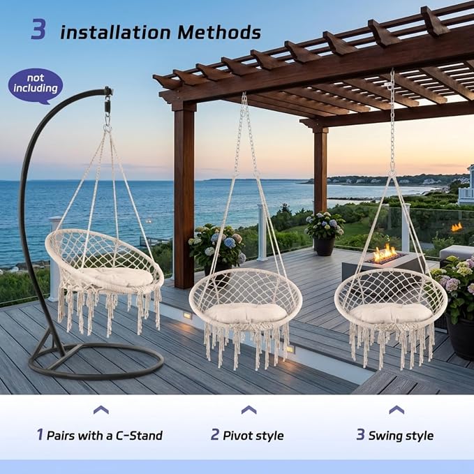 Light Beige Macrame Hammock, Stand-Free Hammock Without Stand, Cotton Porch Swing for Balcony Bedroom Homestay Garden Daily Relax Furniture