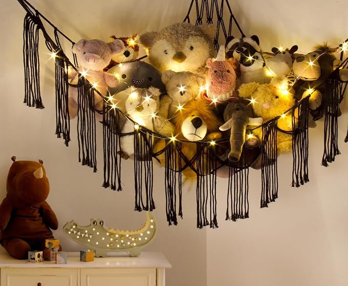 Stuffed Animal Storage Hammock Corner X-Large with LED Light - Baby Hammock Hanging Holder Plushies Net for Stuff Animals Organizer - Cute Room Decor Aesthetic Kids Toddler Nursery Bedroom
