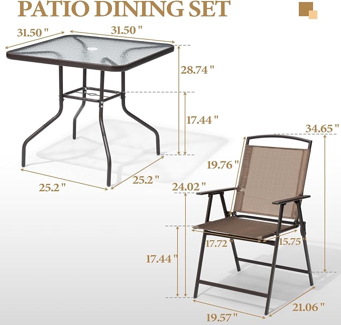 Crestlive Products 5 Piece Patio Dining Set with 4 Folding Chairs and Table Outdoor Dining Furniture with Square Glass Tabletop, Umbrella Hole for Bistro, Garden, Backyard, Deck (Brown)