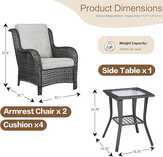 3 Pieces Patio Furniture Conversation Set PE Rattan Wicker Outdoor with 2 Armrest Chair and 1 Coffee Side Table, Soft Thick Washable Cushion for Yard Backyard Poolside Garden (Grey/Beige)