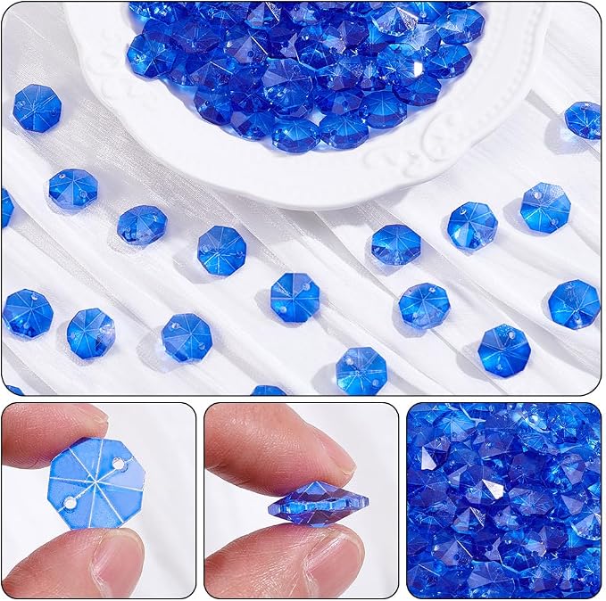 120Pcs Blue 14mm Octagonal Crystal Beads Prism Beads Bulk with 2 Holes Crystals Chandelier Replacement Parts Connector Sun Catcher Faceted Spacers for DIY Lamp Hanging Pendant Jewelry DIY