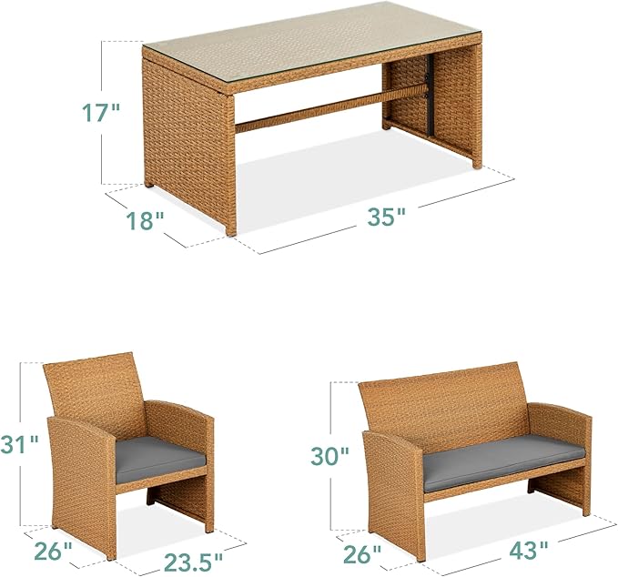 Best Choice Products 4-Piece Outdoor Wicker Patio Conversation Furniture Set for Backyard w/Coffee Table, Seat Cushions - Natural/Gray