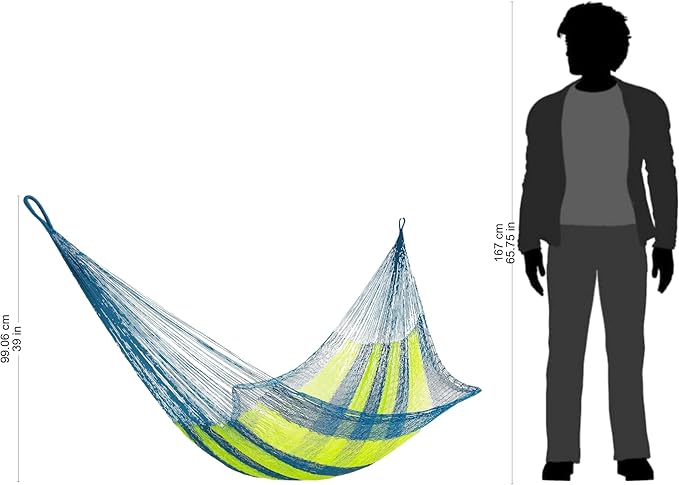 NOVICA Bright Yellow Teal Striped Hand Woven Nylon Mayan 1 Person Rope Hammock with Hanging Accessories, 'Neptune' (Single)