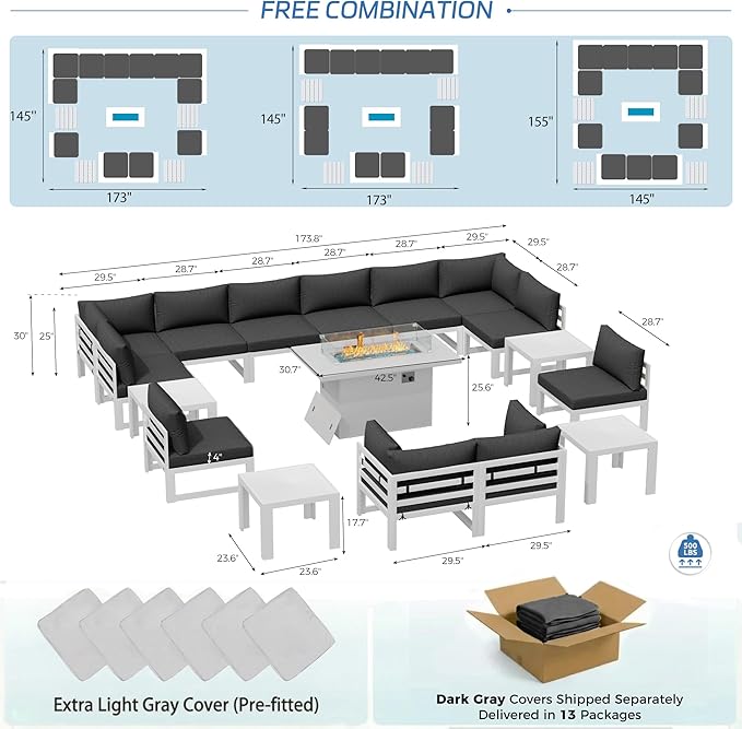 NICESOUL 17 Piece XL Aluminum Patio Sectional Furniture Set with Fire Pit Table Propane/Gas, 500 lbs Heavy Duty Outdoor Sofa, High End Conversation Set with Side Table for Poolside Yard, Dark Gray