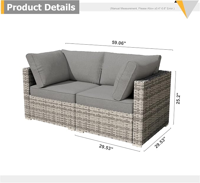 Weaxty 2 Pieces Patio Furniture Sets Corner Seats, Wicker Outdoor Sectional Sofa with Thicken Cushion, Patio Conversation Couch Set for Porch, Balcony,Yard, Poolside, Dark Gray