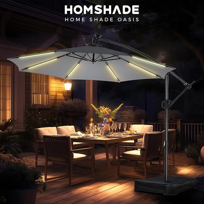HOMSHADE 10 ft Offset Patio Umbrella with Solar Lights, LED Lighted Umbrella Outdoor Patio with Base Included, Heavy Duty Hanging Cantilever Umbrellas for Pool Deck with UV Protection&Easy Tilt, Grey