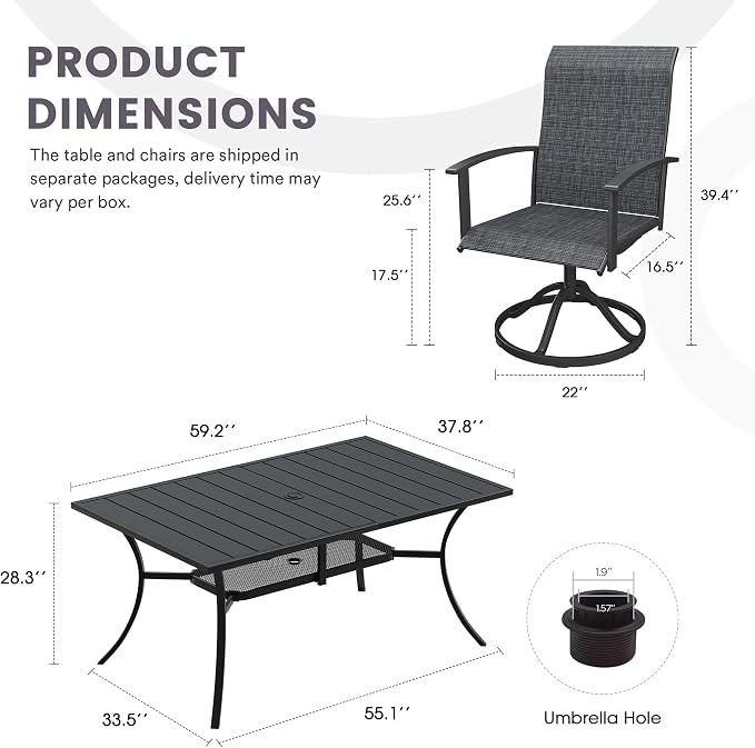 7 Pieces Outdoor Patio Dining Set, 59.2" All Weather Rectangle Metal Table with Umbrella Hole and Storage Shelf, 6 High Back Textilene Swivel Chairs for Garden, Lawn, Black