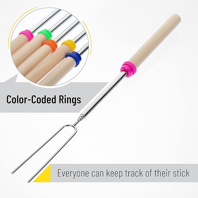 UNCO- Marshmallow Roasting Sticks with Bag, 32”, 8 Pack, Extendable Stainless Steel Smores Sticks for Fire Pit, Smores Skewers, Campfire Cooking Equipment