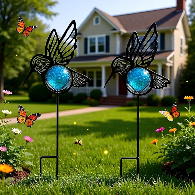 Hummingbird Solar Lights Outdoor Decorations, 2 Pack Metal Iron Solar Stake Lights for Yard, Garden, Lawn Decor