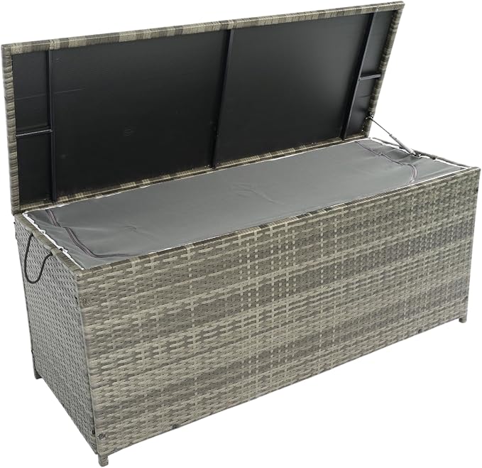 Storage Box, 113 Gallon Wicker Patio Deck Box with Lid, Outdoor Deck Box for Toys, Pillows, Garden Tools, Grey