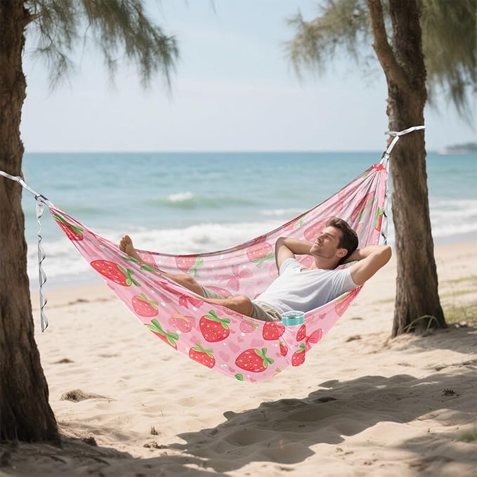 Camping Hammock Outdoor Hammocks for Outside Strawberry Bows Beach Trees Portable Lightweight with Pockets Tree Straps Indoor Small