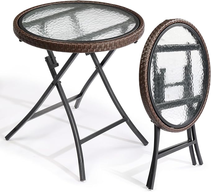 VINGLI 19in Modern Brown Rattan Folding Glass Outdoor Side Table, Small Patio Table with Tempered Glass Top,Round,1 Pack