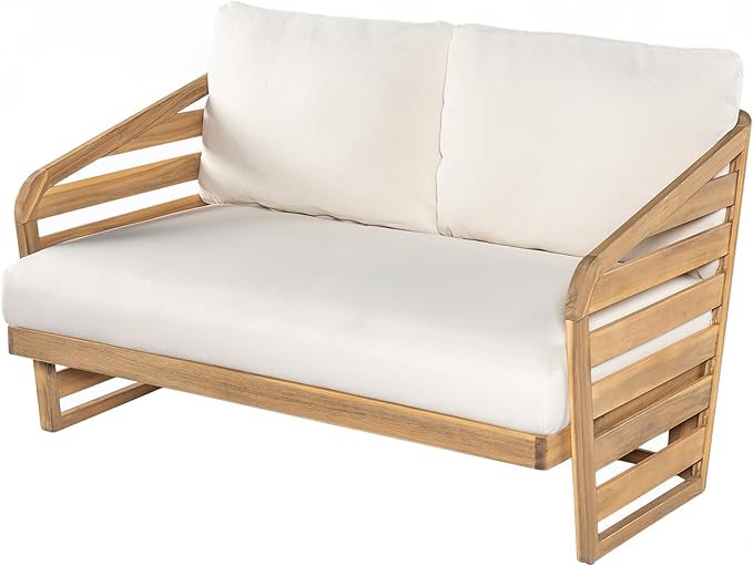 Acacia Wood 4-Pieces Patio Conversation Set, All Weather Sectional Sofa Set w/ 2 Club Chairs, Loveseat and Table, Outdoor Furniture Set with Zipper Cushions, Unique Frame Design