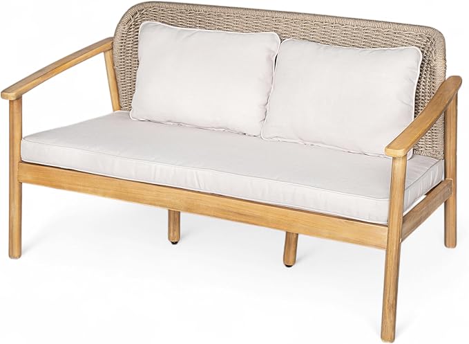 Christopher Knight Home Landon 2 Pieces Patio Conversation Set, Acacia Wood Loveseat and Coffee Table, Woven Rope Couch, Slat Wood Accent Table, Sofa and Table Set for Garden Balcony Yard, Teak+Beige