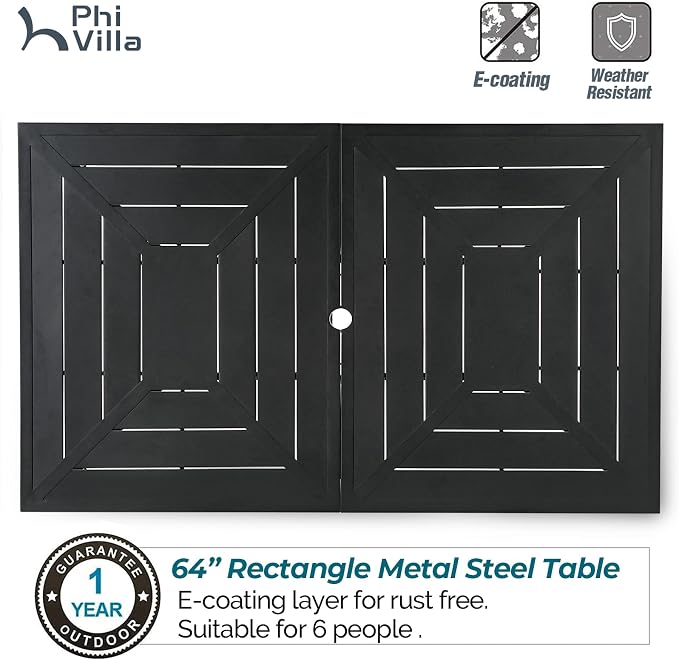 PHI VILLA 7 Piece Patio Dining Set, 64” Rectangular Table, Rattan Chairs | Outdoor Dining Set for 6, Metal Dining Table with Umbrella Hole, Rattan Wicker Chairs with Cushions for Patio, Deck, Porch