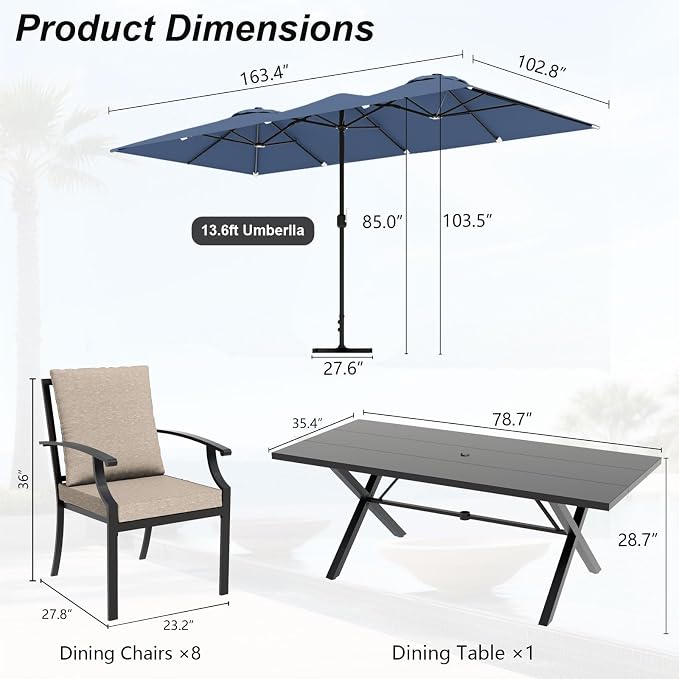 10-Pieces Patio Conversation Set,Metal Outdoor Furniture Set Includes 13.6FT Navy Umbrella,Hole Cut-Out 78.7" x 35.4" Table and 8 Metal Backrest Chairs for Backyard,Garden,Sand