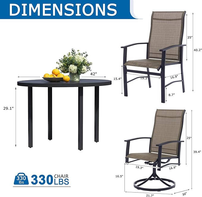 7 Piece Outdoor Patio Dining Set for 6, 47" Black Round Metal Table with 6 Mocha Chairs, All-Weather Outdoor Furniture Set for Backyard, Lawn, Deck, or Poolside