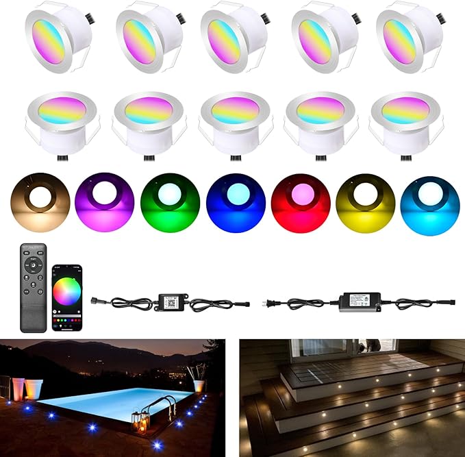 Recessed LED Deck Light Kits, Φ2.4 Smart WiFi Low Voltage RGB & Warm White Deck Lighting, Waterproof Outdoor LED Step Stair Lights Compatible with Alexa Google Home for for Garden,Yard,Path (10 Pack)