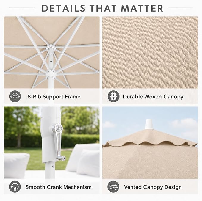 Treasure Garden 9ft Patio Umbrella - Outdoor Furniture Market Umbrella – Deluxe Auto-Tilt – White Aluminum Frame (Sunbrella, Natural)