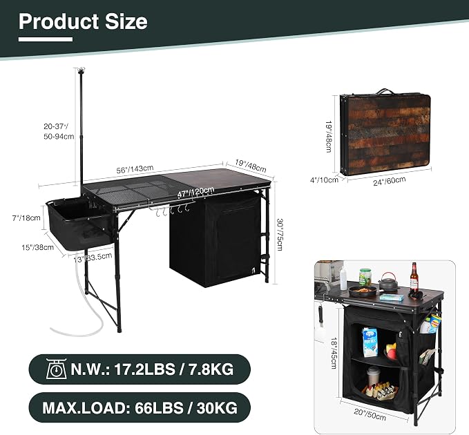 REDCAMP Portable Camping Kitchen Table with Sink, 4ft Folding Camping Grill Table with Storage Organizer and Telescoping Light Stand, Outdoor Cooking Station for BBQ, Party and Picnic