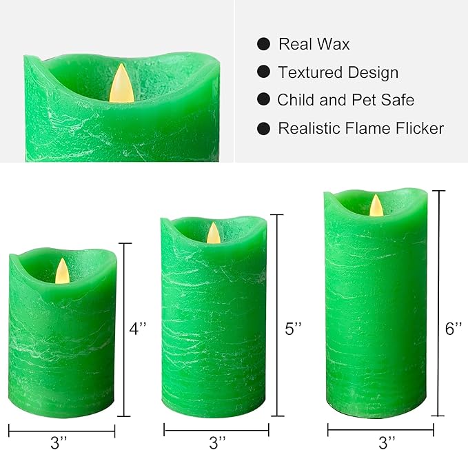 Real Wax Flameless Candles Set of 3 (D 3" x H 4" 5" 6") Battery Operated LED Candle with Timer Home Decorative Pillar Flickering Lights,Wedding Party Events Decor,Green