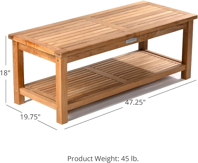 TITAN GREAT OUTDOORS Ash & Ember Sierra Grade A Teak 47" Coffee Table with Shelf, Weather Resistant Tea Table for Deck, Porch, or Backyard Use, Slatted Indoor Outdoor Patio Lounge Furniture