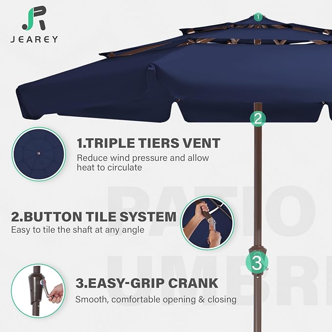 JEAREY 3 Tiers 9 FT Patio Umbrellas Outdoor Table Umbrella with Push Button Market Umbrella 8 Sturdy Ribs UV Protection Waterproof for Garden,Navy
