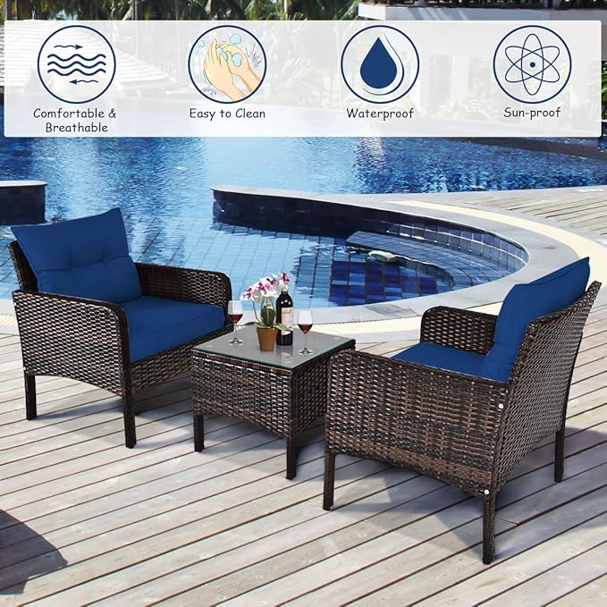 Tangkula 3 Piece Outdoor Patio Furniture Set, Wicker Chairs Set with Glass Top Coffee Table, Thick Cushions, All Weather Garden Lawn Poolside Backyard Porch Furniture Set for 2 (Blue)