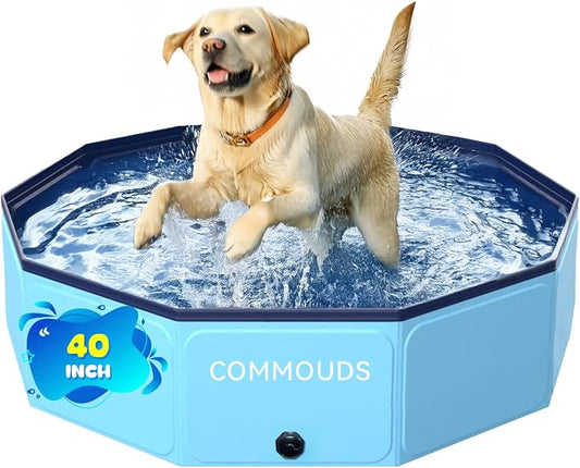 COMMOUDS Foldable Dog Pool, Hard Plastic Dog Kiddie Swimming Pool, Collapsible Pet Bath Tub Wading Pools for Kids and Puppy Small Medium Large Dogs(40inch.D x 8inch.H)