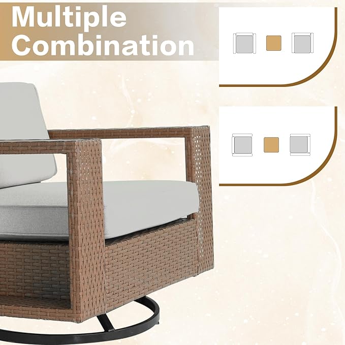 3-Piece Outdoor Patio Rocker Chair Sofa Set, PE Rattan Weaving Sofa with Thick Cushions, Coffee Table with Steel Frame and Wooden Board, Outdoor Conversation Set Brown/Light Gray Linen