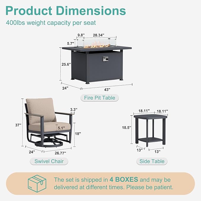 7Pcs Aluminum Patio Rocking Swivel Chair with 55,000 BTU Fire Pit Table Outdoor Bistro Set with Coffee Table, Patio Furniture Set with High Backrest & Thickened Cushions, Sand