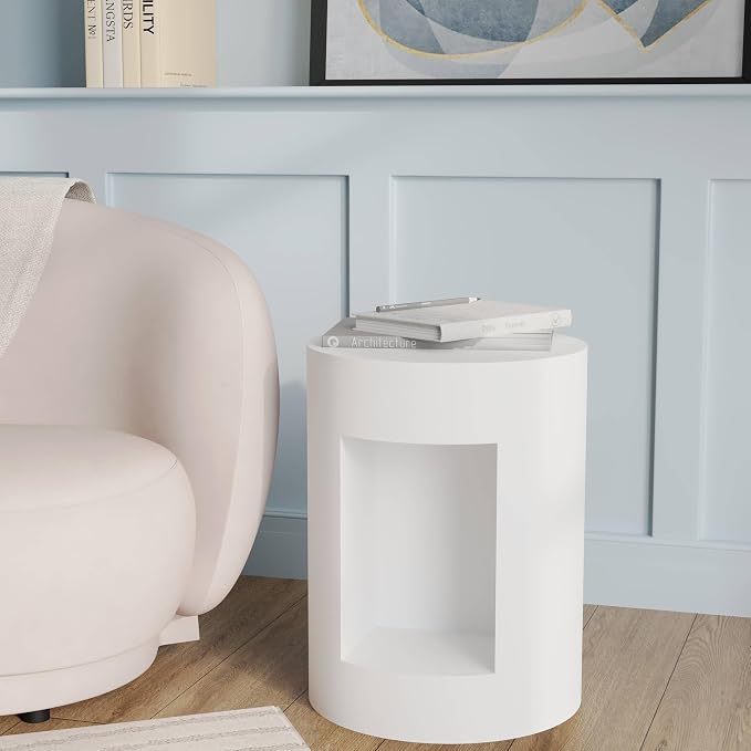 LeisureMod 14” Wide White Round Side Table in Fiberstone with Open Storage, Painted Finish, for Modern Indoor Outdoor Use, Living Room, Bedroom, Patio, Garden