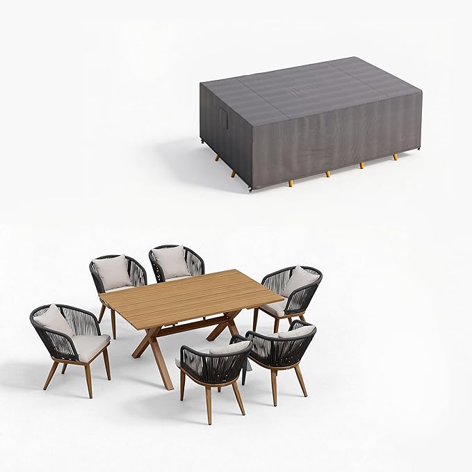 PURPLE LEAF 7 Pieces Patio Dining Set with Waterproof Furniture Cover Rectangular Table and Chairs Set for Garden Deck Aluminum Frame Backyard Kitchen Set, Cushions and Pillows Included Teak