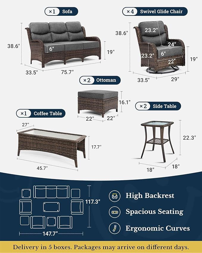 HILLGA Luxury Patio Furniture Set with 6-Inch Thick Cushions, High Back Outdoor Swivel Rocker Chairs and Patio Couch, 10-Piece All Weather Conversation Set for Porch Deck Pool Yard, Dark Grey (V3)