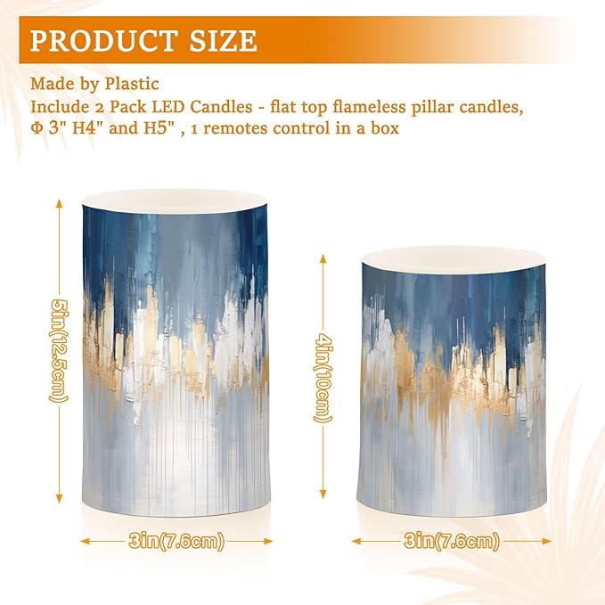 Abstract Oil Painting in Blue Flameless Candles Color Changing LED Candles with Remote Control Battery Candles for Outdoor and Indoor Home and Room Decoration, 3'' x 4''/5'' Set of 2 Pieces