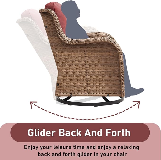 Outdoor Swivel Rocker Patio Chairs-Wicker Patio Swivel Chairs Set of 2 with Side Table PE Rattan Patio Furniture Set for Porch Deck Balcony Garden-Yellow/Red