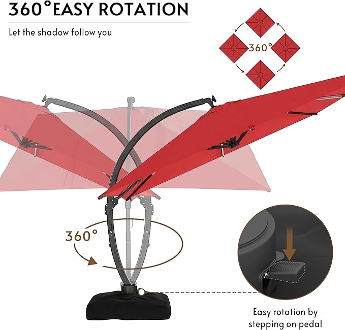 11x11FT Solar Powered LED Light Cantilever Patio Umbrella with Base Included, Large Cantilever Umbrella with 360°Rotation, Heavy-Duty Offset Outdoor Umbrella for Patio,Pool,Backyard (Red)