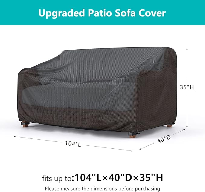 Patio Sofa Cover Waterproof - Heavy Duty 3-Seater Outdoor Couch Cover Patio Furniture Covers with Air Vent and Handles, 104" L×40" D×35" H, Black