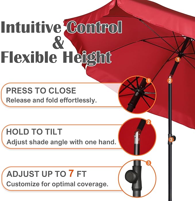 Blissun 6.5ft Patio Umbrella with Push Button Tilt & Height Adjustable, UV50+ Sun Protection with Sturdy Fiberglass Ribs & Iron Pole, Market Umbrella for Outdoor Table Garden Backyard Beach