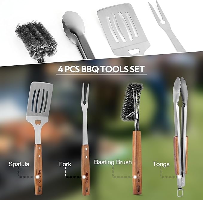 onlyfire 4PCS BBQ Tools, Stainless Steel Griddle Accessories for Outdoor Cooking Camping, Grilling Utensil Set Including Grill BBQ Spatulas, Barbecue Tong, Grill Fork and BBQ Brush