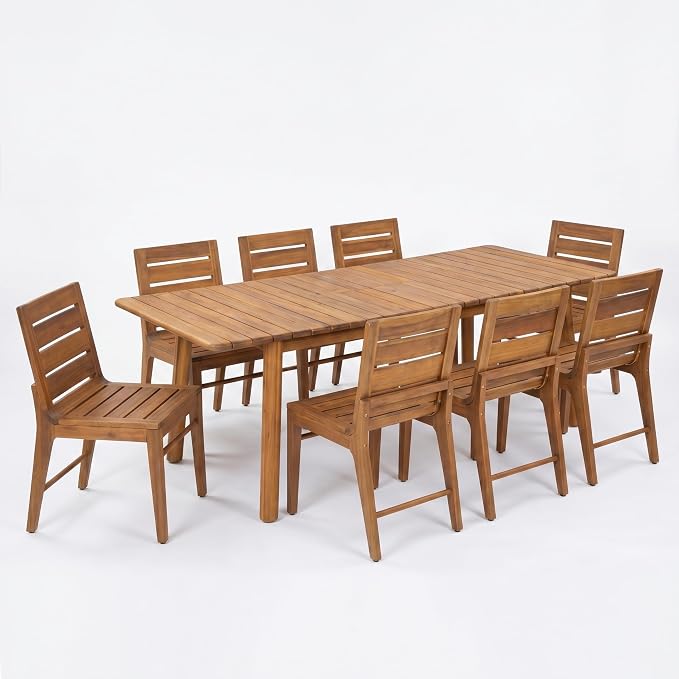 Christopher Knight Home Josie 9 Piece Acacia Wood Outdoor Dining Table Set for 8, Extendable Dining Table and 8 Armless Chairs Set with Slatted Design, Outdoor Patio Furniture Set for Dinner, Teak