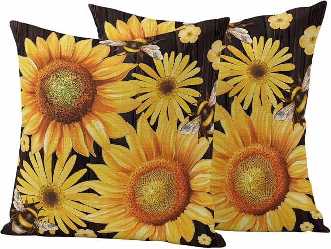 Outdoor Throw Pillow Covers,Yellow Sunflower Daisy Flower Waterproof Decorative Pillowcases Cushion Cover Spring Rustic Floral Bee Black Pillow Cases for Patio Couch Sofa Bed,26x26in Set of 2