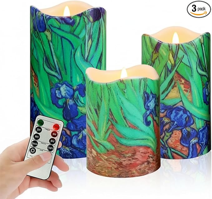Floral Flameless LED Pillar Candles, 3pcs Van Gogh Irises Battery Operated Flickering Candles with Timer Remote,Decorative Flickering LED Candles for Wedding Mother's Day Home Decor