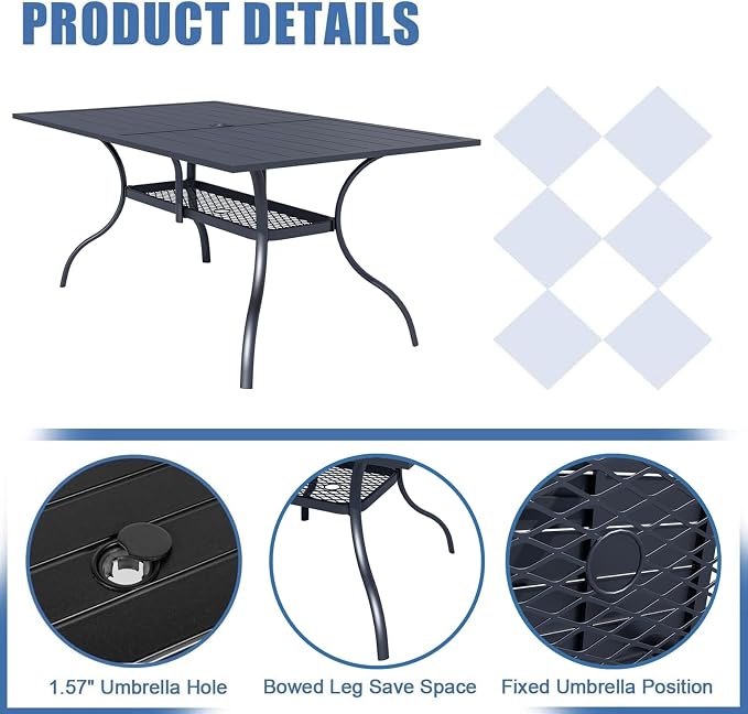Crownland 7 PCS Furniture Patio Dining Set, 6 Swivel Metal Chairs and Rectangular Outdoor Dining Table with Sky Blue 9FT Round Outdoor Umbrella (Metal Tabletop)