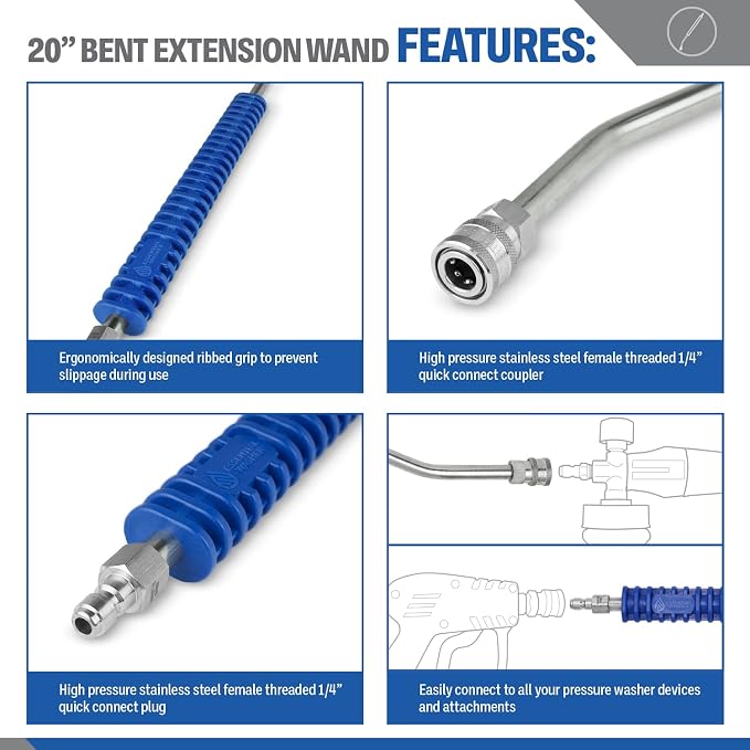 Essential Washer Pressure Washer Wand Extension | 20" Curved Stainless Steel With Molded Grip | 4000 PSI