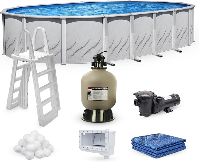 Lake Effect Pools 'Galleria' 15 ft x 24 ft Oval Above Ground Swimming Pool Bundle | 52 Inch Height | Steel Sided Walls | Kit Includes: 25 Gauge Liner, A-Frame Ladder, Sand Filter/Pump, & Skimmer
