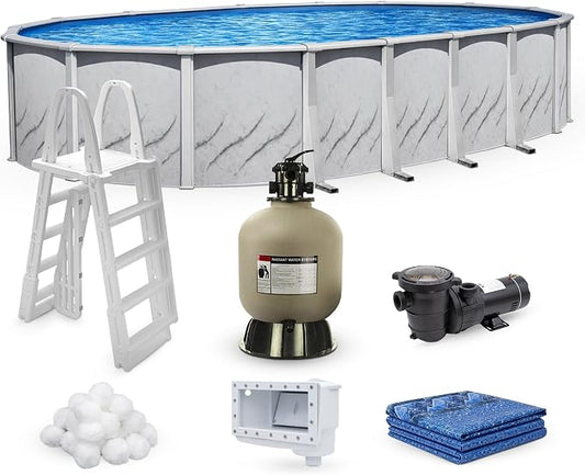 Lake Effect Pools 'Galleria' 15 ft x 24 ft Oval Above Ground Swimming Pool Bundle | 52 Inch Height | Steel Sided Walls | Kit Includes: 25 Gauge Liner, A-Frame Ladder, Sand Filter/Pump, & Skimmer
