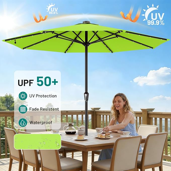 AreShark 11FT Large Patio Umbrella with Solar Lights, Lighted Solar Umbrella with Crank, Outdoor Table Market Umbrellas for Garden, Deck, Backyard, Pool and Beach, Apple Green